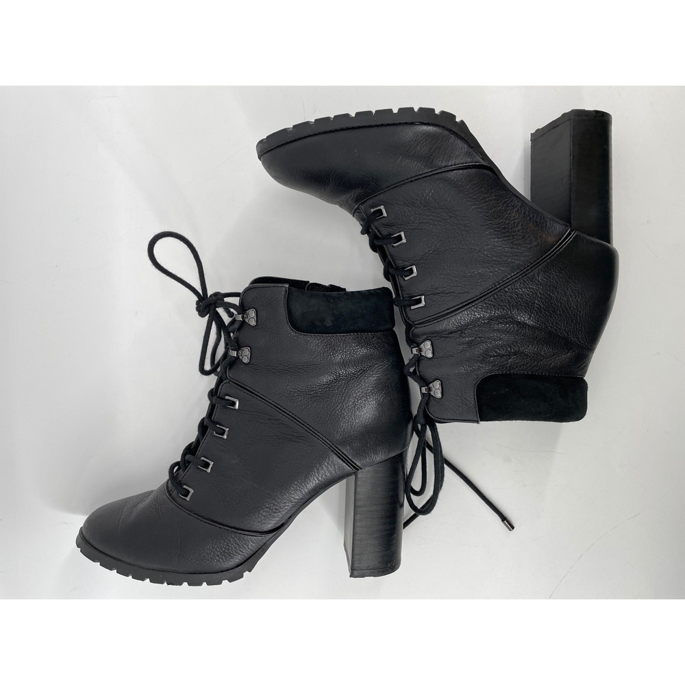 Lace Up Ankle Boots Women 8.5 Black Leather Block Heel Lug Sole Goth Chic Edgy